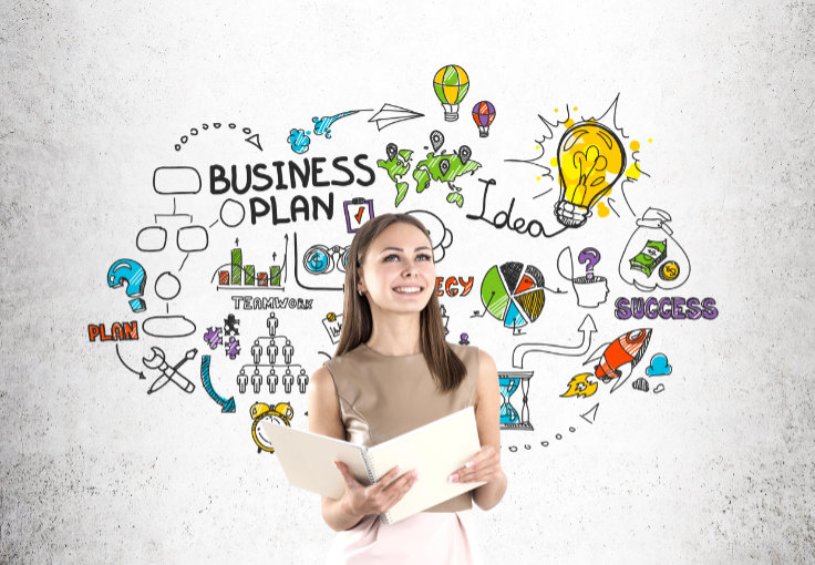 Gründerin denkt über ihren Businessplan nach